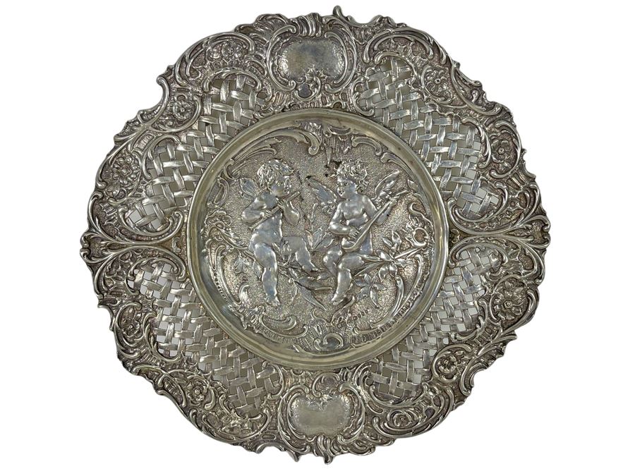 Moses Salkind Stunning Antique 1892 English Repousse Sterling Silver Footed Dish Featuring Pair Of Cherubs With English Silver Hallmarks M.S. 8”R 242g Silver Melt Value $148 [Photo 3]