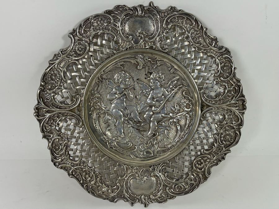 Moses Salkind Stunning Antique 1892 English Repousse Sterling Silver Footed Dish Featuring Pair Of Cherubs With English Silver Hallmarks M.S. 8”R 242g Silver Melt Value $148 [Photo 10]