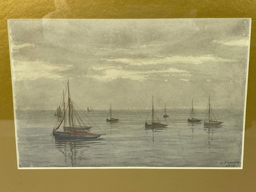 James Towers (United Kingdom) Antique 1879 Original Watercolor On Paper Sailboats Painting Framed Signed 10 X 7 Frame 17.5 X 14.5 [Photo 2]