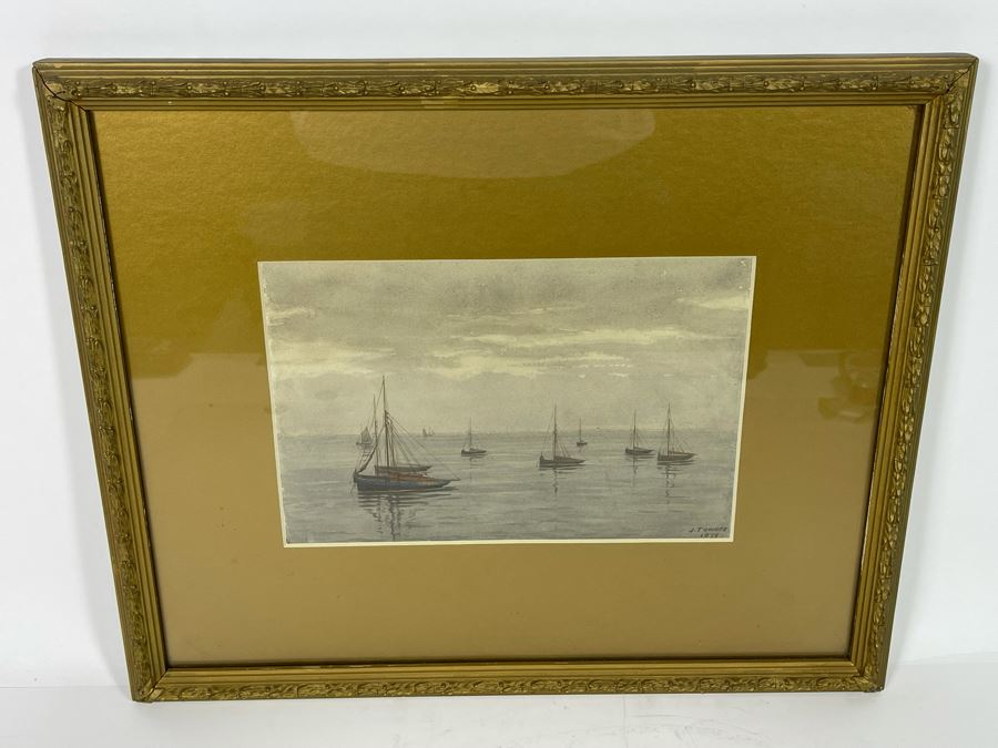 James Towers (United Kingdom) Antique 1879 Original Watercolor On Paper Sailboats Painting Framed Signed 10 X 7 Frame 17.5 X 14.5 [Photo 3]