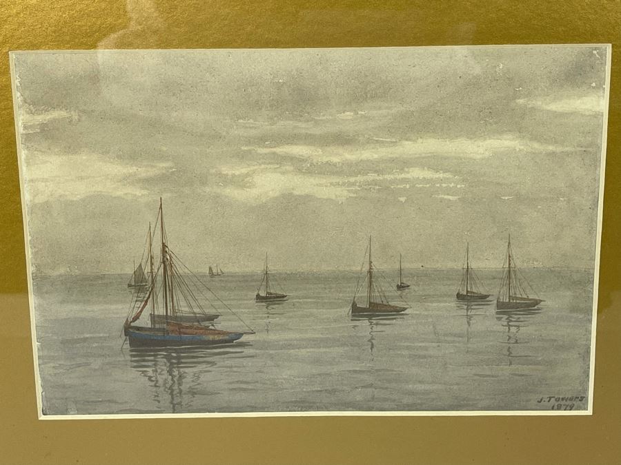 James Towers (United Kingdom) Antique 1879 Original Watercolor On Paper Sailboats Painting Framed Signed 10 X 7 Frame 17.5 X 14.5
