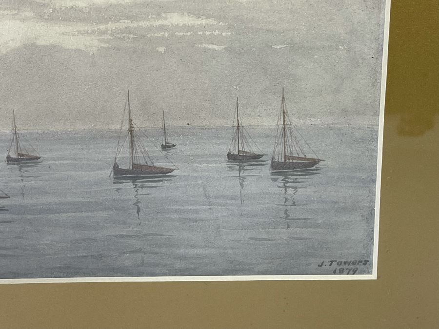 James Towers (United Kingdom) Antique 1879 Original Watercolor On Paper Sailboats Painting Framed Signed 10 X 7 Frame 17.5 X 14.5 [Photo 7]