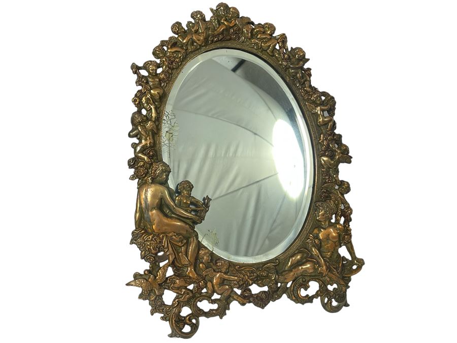 Vintage Repousse Copper Vanity Beveled Glass Mirror 13W X 18H