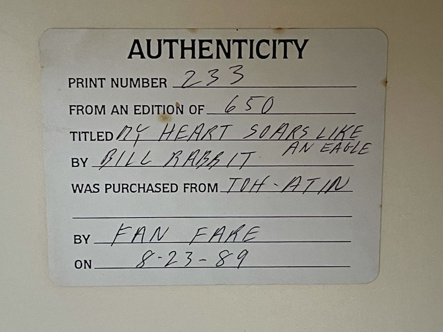 Bill Rabbit (Native American, 1946-2012) Signed Limited Edition Lithograph Titled 'My Heart Soars Like An Eagle' Framed Litho Measures 16 X 24 Frame Measures 24 X 32 [Photo 11]