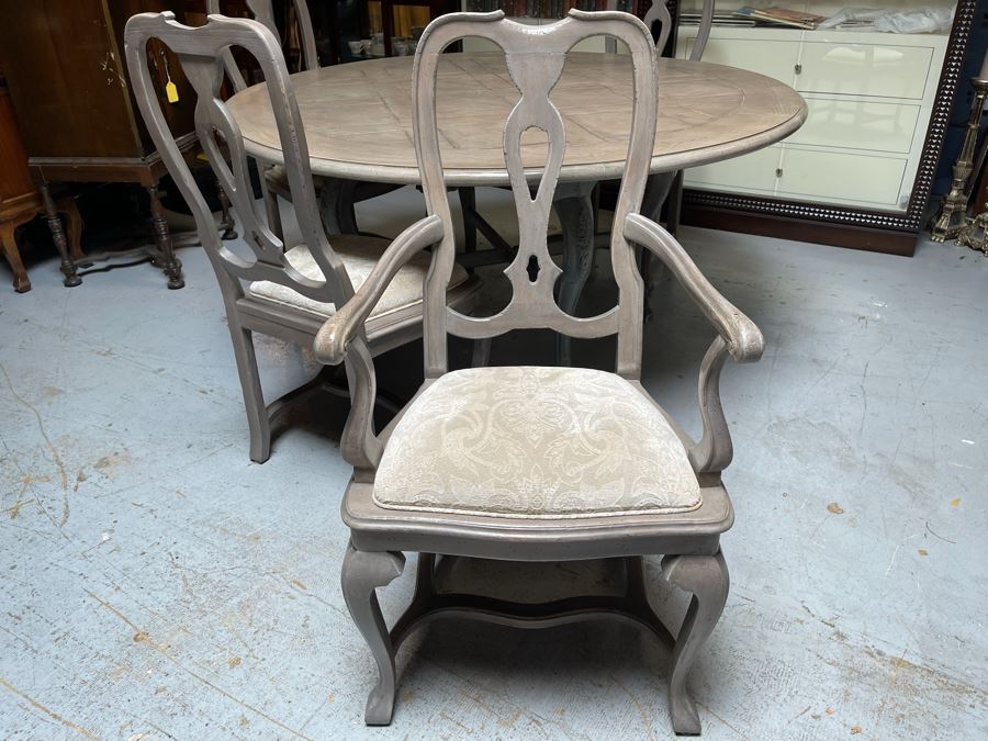 Baker Furniture 5' Round Wooden Dining Table With Drawer And Four Dining Chairs [Photo 13]