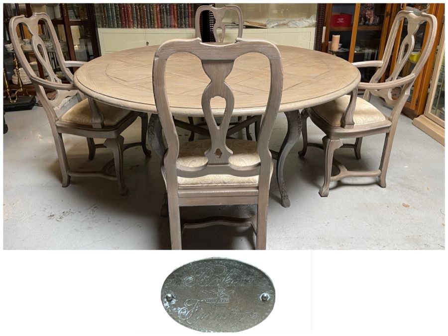 Baker Furniture 5' Round Wooden Dining Table With Drawer And Four Dining Chairs [Photo 1]
