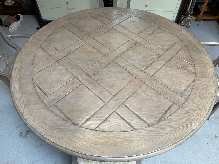 Baker Furniture 5' Round Wooden Dining Table With Drawer And Four Dining Chairs [Photo 11]