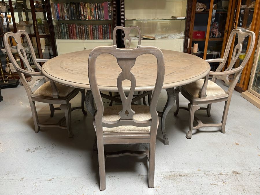 Baker Furniture 5' Round Wooden Dining Table With Drawer And Four Dining Chairs [Photo 3]