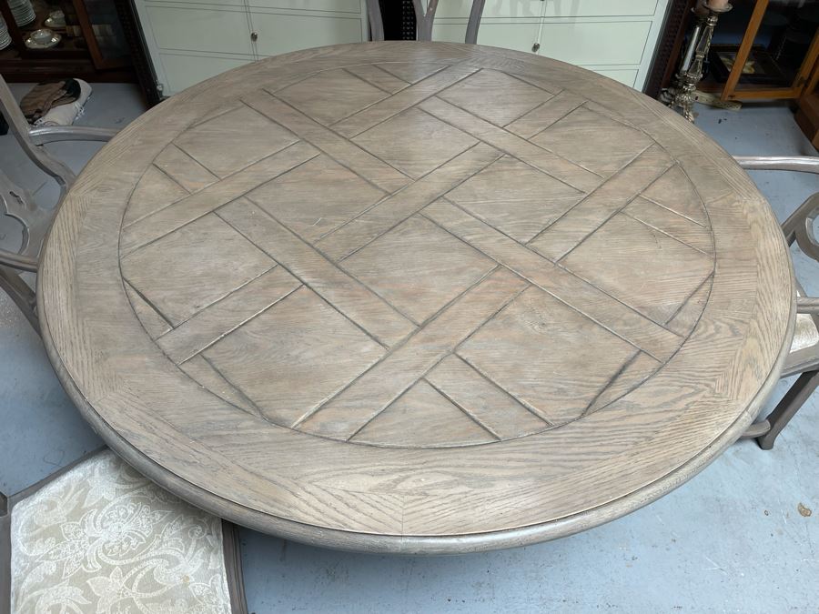 Baker Furniture 5' Round Wooden Dining Table With Drawer And Four Dining Chairs [Photo 10]