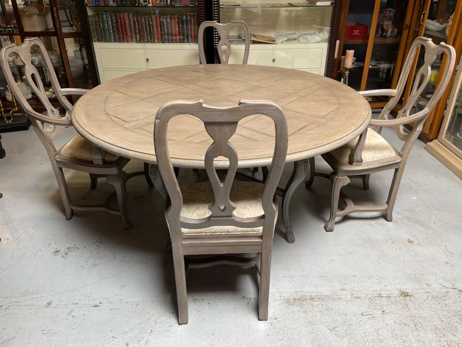 Baker Furniture 5' Round Wooden Dining Table With Drawer And Four Dining Chairs [Photo 5]