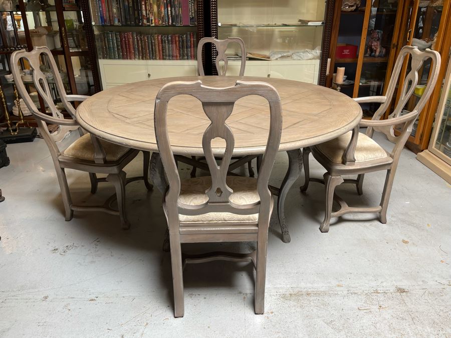 Baker Furniture 5' Round Wooden Dining Table With Drawer And Four Dining Chairs [Photo 4]