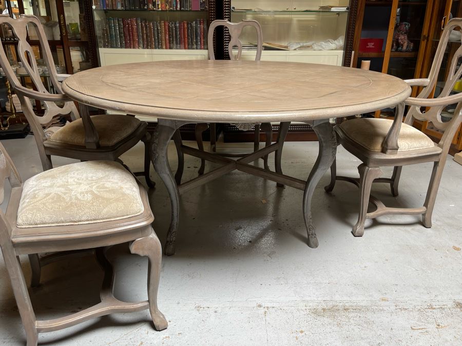 Baker Furniture 5' Round Wooden Dining Table With Drawer And Four Dining Chairs [Photo 6]