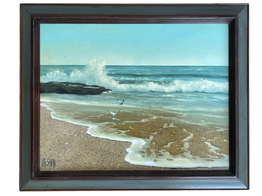 Original Jacquelynn Kresman Ocean Painting On Board (Appears To Be Big Rock In La Jolla) 14 X 11, Framed 16 X 13 [Photo 2]