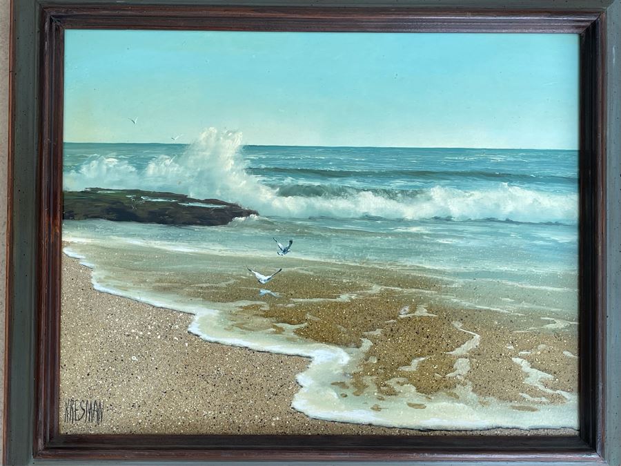 Original Jacquelynn Kresman Ocean Painting On Board (Appears To Be Big Rock In La Jolla) 14 X 11, Framed 16 X 13 [Photo 3]