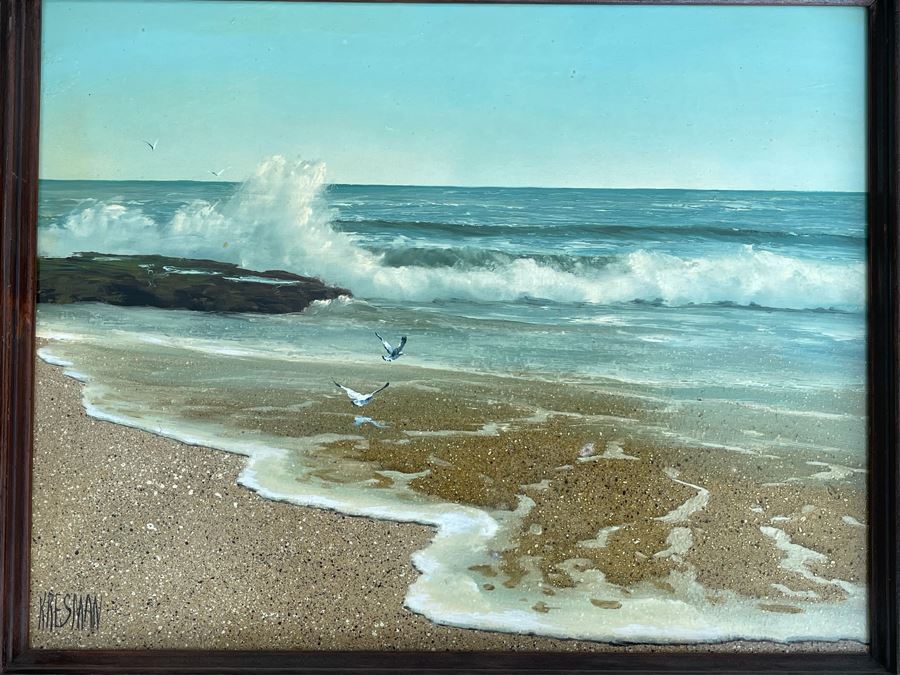 Original Jacquelynn Kresman Ocean Painting On Board (Appears To Be Big Rock In La Jolla) 14 X 11, Framed 16 X 13 [Photo 4]