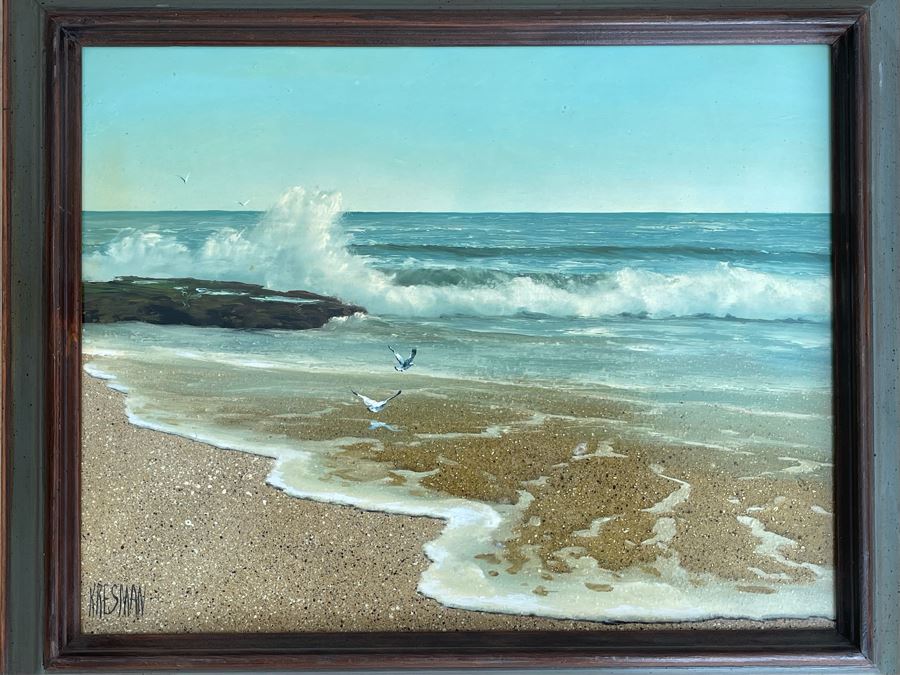 Original Jacquelynn Kresman Ocean Painting On Board (Appears To Be Big Rock In La Jolla) 14 X 11, Framed 16 X 13 [Photo 1]