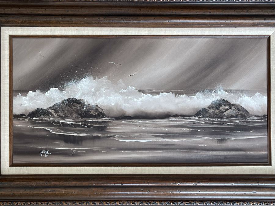 Original Vintage 1979 Seascape Ocean Painting By Dottie Telles 24 X 12, Framed 31 X 19 [Photo 3]