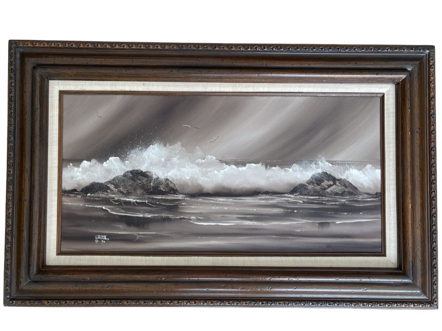 Original Vintage 1979 Seascape Ocean Painting By Dottie Telles 24 X 12, Framed 31 X 19 [Photo 2]