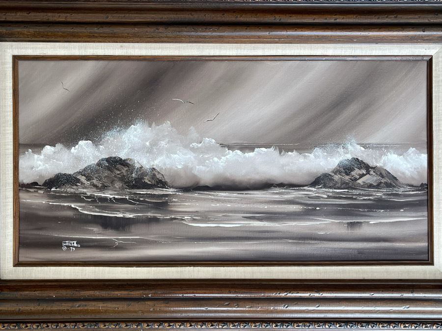 Original Vintage 1979 Seascape Ocean Painting By Dottie Telles 24 X 12, Framed 31 X 19 [Photo 1]