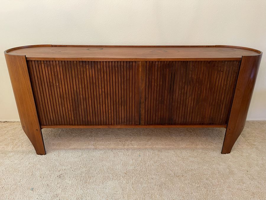 Rare Henry P. Glass Mid-Century Modern Cylindra Sideboard Buffet For Richbuilt Mfg Featuring Tambour Doors - Top Has Some Water Damage 6'W X 18'D X 30'H [Photo 6]