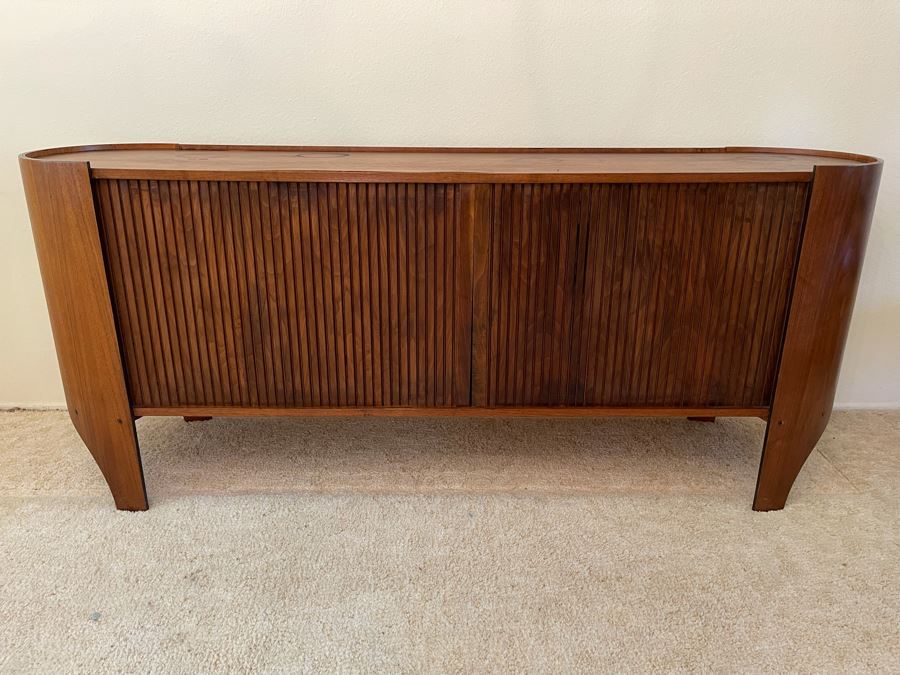 Rare Henry P. Glass Mid-Century Modern Cylindra Sideboard Buffet For Richbuilt Mfg Featuring Tambour Doors - Top Has Some Water Damage 6'W X 18'D X 30'H [Photo 5]