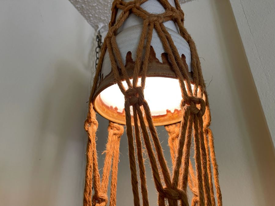 Vintage Macrame Pot Hanger With Pot On Bottom And Light On Top 56H [Photo 5]
