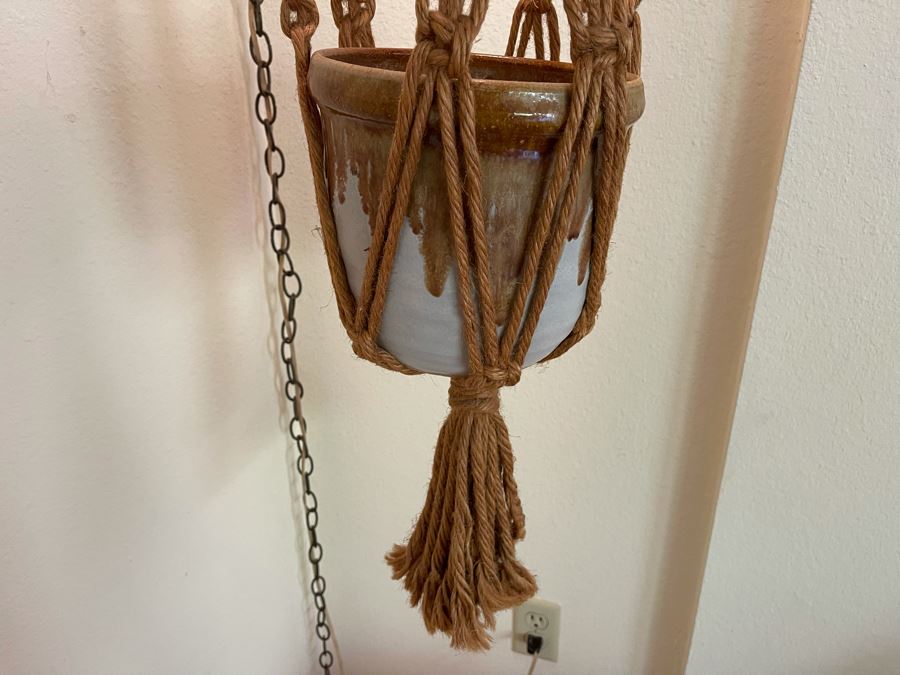 Vintage Macrame Pot Hanger With Pot On Bottom And Light On Top 56H [Photo 6]
