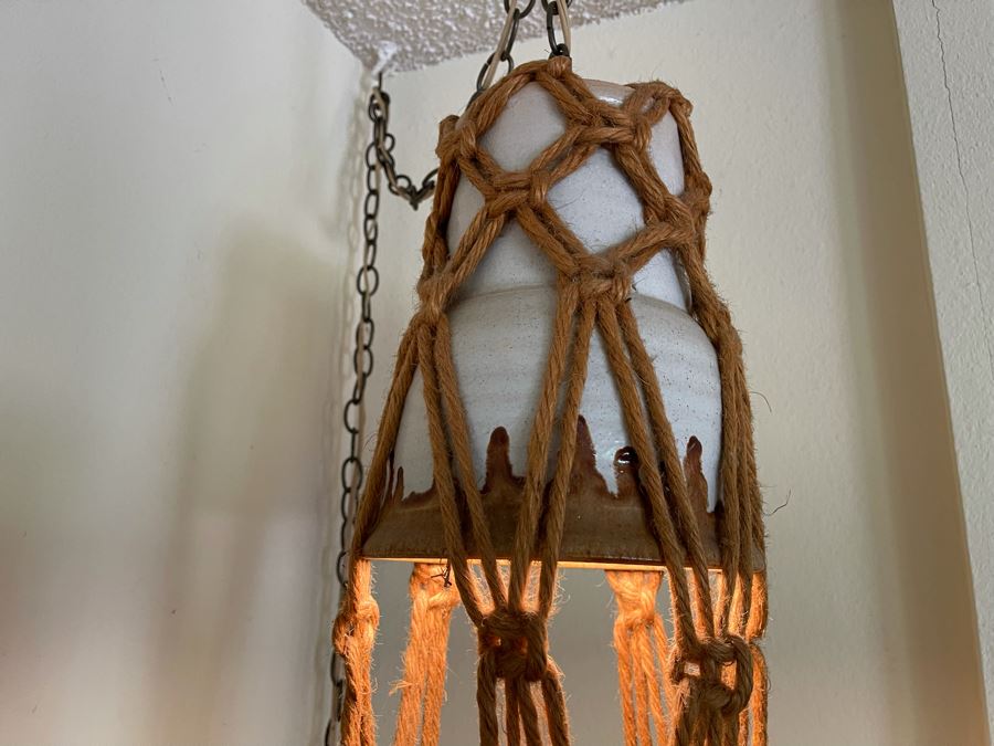 Vintage Macrame Pot Hanger With Pot On Bottom And Light On Top 56H [Photo 4]