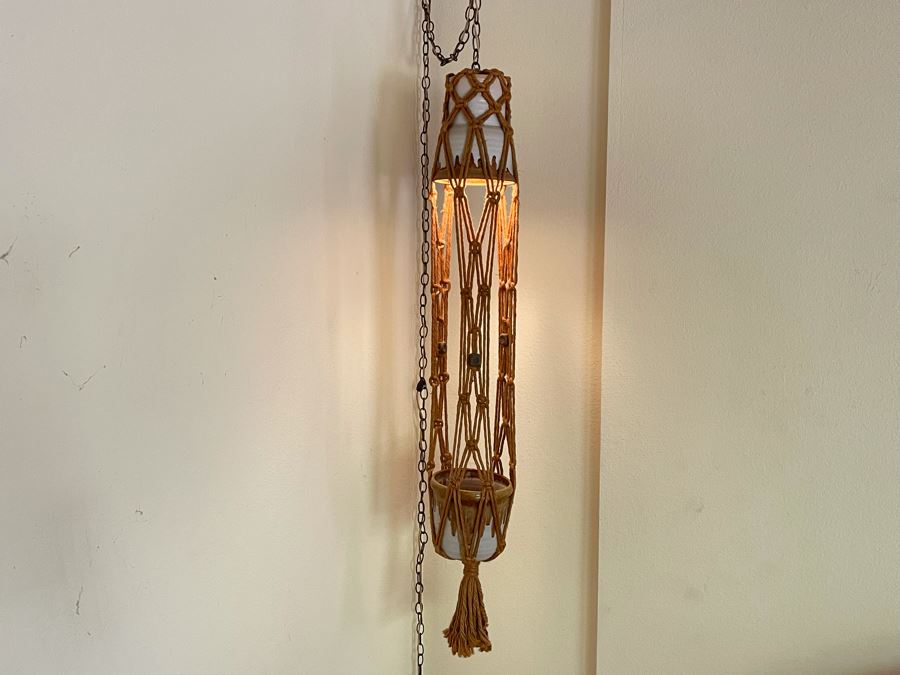 Vintage Macrame Pot Hanger With Pot On Bottom And Light On Top 56H