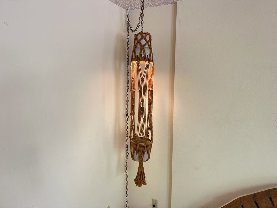 Vintage Macrame Pot Hanger With Pot On Bottom And Light On Top 56H [Photo 3]