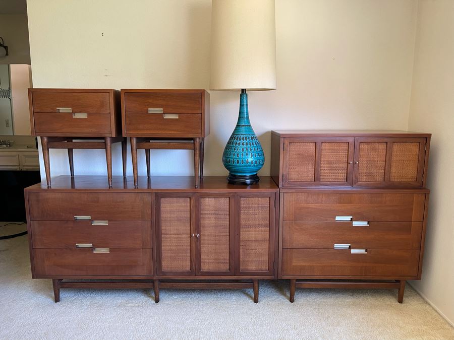 Mid-Century Modern Bedroom Set By American Of Martinsville Includes: Pair Of Nightstands, Highboy Dresser, Dresser, Bed Frame (See Photos For Matching Bed) And Mid-Century Modern Blue Pottery Table Lamp - See Description For Measurements