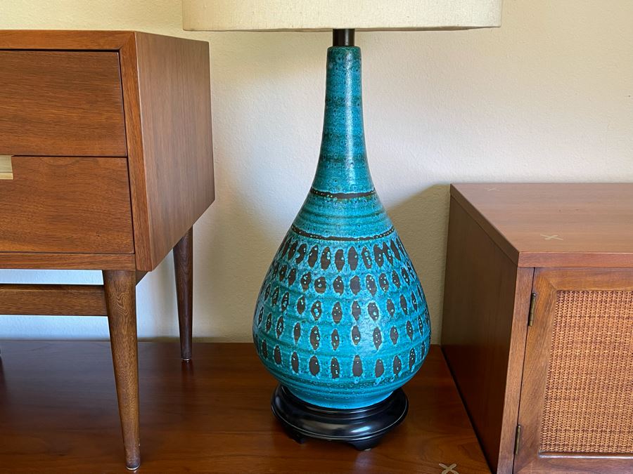 Mid-Century Modern Bedroom Set By American Of Martinsville Includes: Pair Of Nightstands, Highboy Dresser, Dresser, Bed Frame (See Photos For Matching Bed) And Mid-Century Modern Blue Pottery Table Lamp - See Description For Measurements [Photo 9]