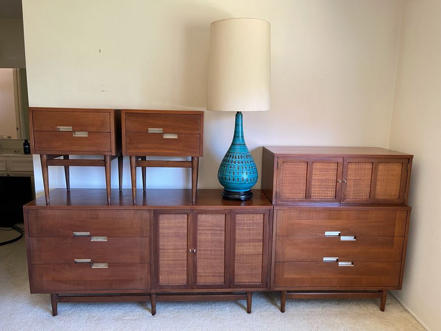 Mid-Century Modern Bedroom Set By American Of Martinsville Includes: Pair Of Nightstands, Highboy Dresser, Dresser, Bed Frame (See Photos For Matching Bed) And Mid-Century Modern Blue Pottery Table Lamp - See Description For Measurements [Photo 4]