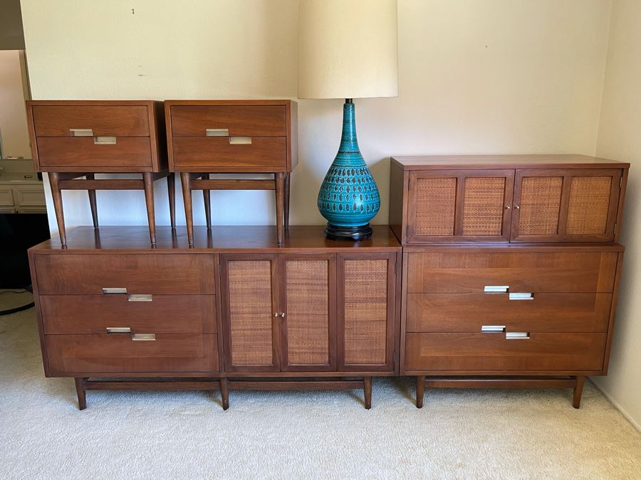 Mid-Century Modern Bedroom Set By American Of Martinsville Includes: Pair Of Nightstands, Highboy Dresser, Dresser, Bed Frame (See Photos For Matching Bed) And Mid-Century Modern Blue Pottery Table Lamp - See Description For Measurements [Photo 5]