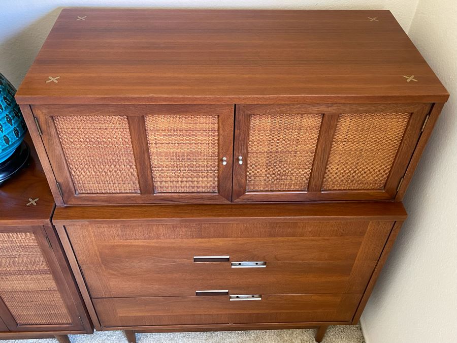 Mid-Century Modern Bedroom Set By American Of Martinsville Includes: Pair Of Nightstands, Highboy Dresser, Dresser, Bed Frame (See Photos For Matching Bed) And Mid-Century Modern Blue Pottery Table Lamp - See Description For Measurements [Photo 11]