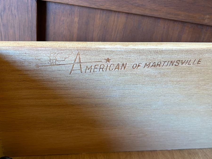 Mid-Century Modern Bedroom Set By American Of Martinsville Includes: Pair Of Nightstands, Highboy Dresser, Dresser, Bed Frame (See Photos For Matching Bed) And Mid-Century Modern Blue Pottery Table Lamp - See Description For Measurements [Photo 17]