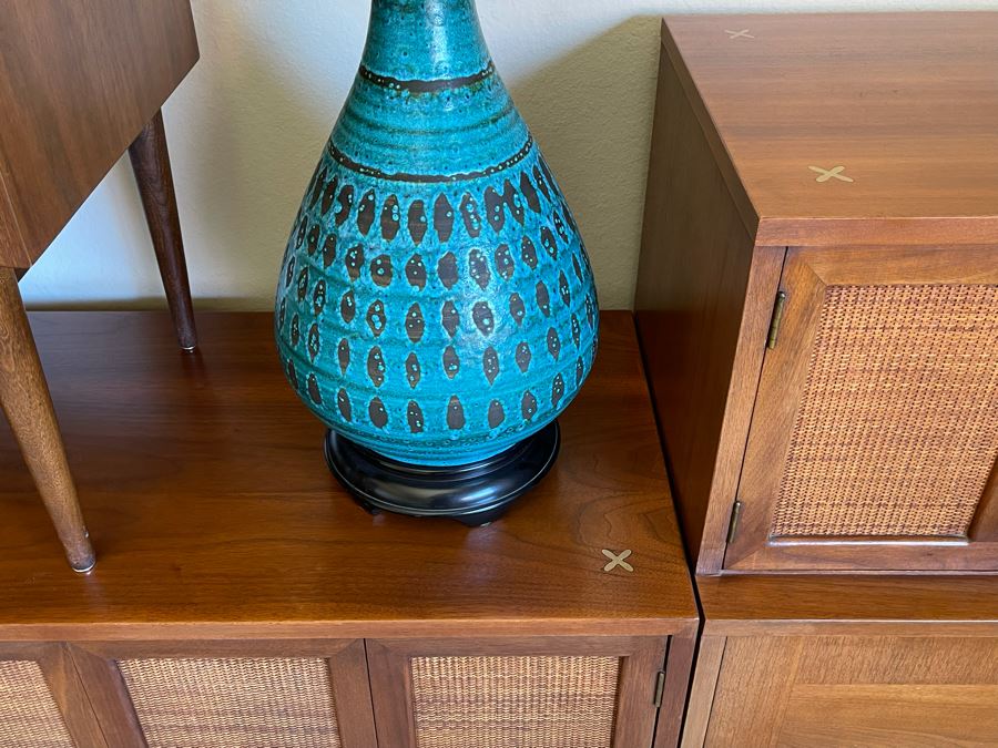 Mid-Century Modern Bedroom Set By American Of Martinsville Includes: Pair Of Nightstands, Highboy Dresser, Dresser, Bed Frame (See Photos For Matching Bed) And Mid-Century Modern Blue Pottery Table Lamp - See Description For Measurements [Photo 10]