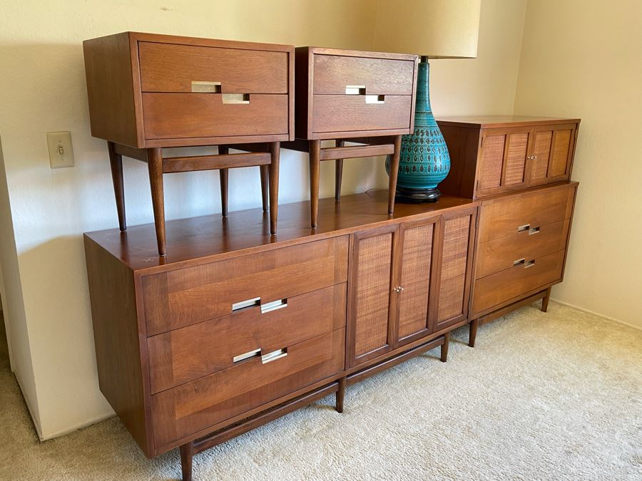 Mid-Century Modern Bedroom Set By American Of Martinsville Includes: Pair Of Nightstands, Highboy Dresser, Dresser, Bed Frame (See Photos For Matching Bed) And Mid-Century Modern Blue Pottery Table Lamp - See Description For Measurements [Photo 7]