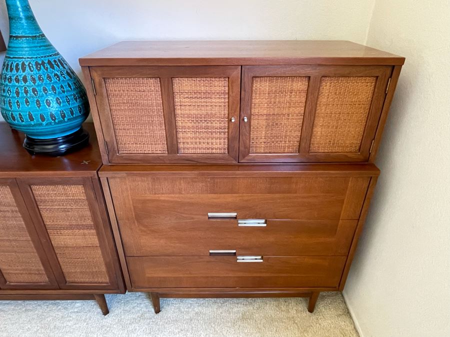 Mid-Century Modern Bedroom Set By American Of Martinsville Includes: Pair Of Nightstands, Highboy Dresser, Dresser, Bed Frame (See Photos For Matching Bed) And Mid-Century Modern Blue Pottery Table Lamp - See Description For Measurements [Photo 13]