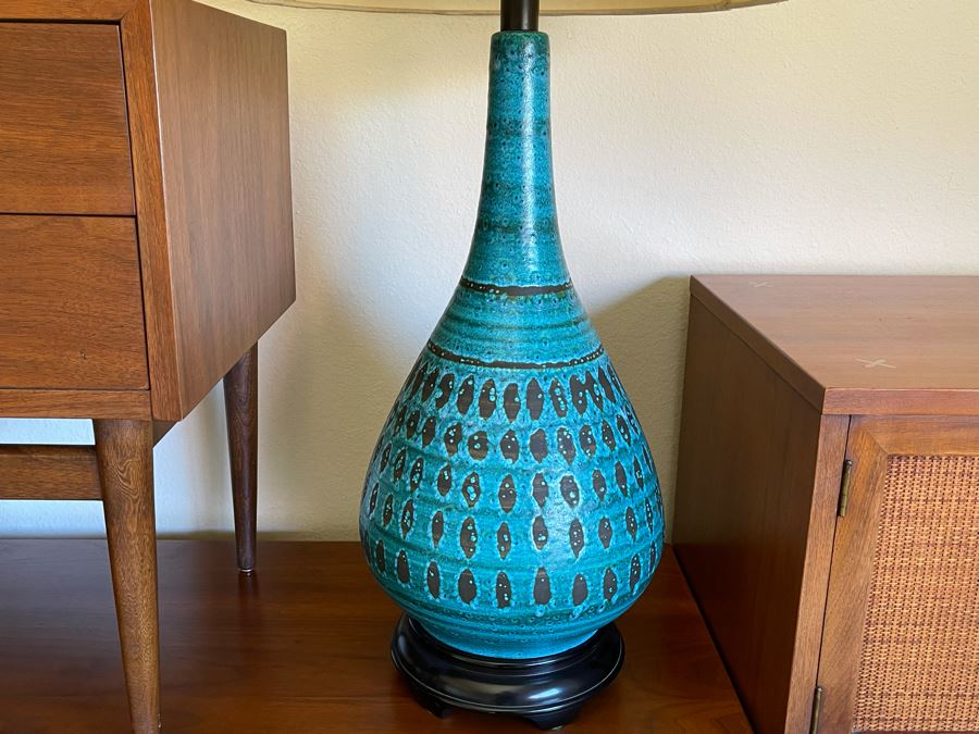 Mid-Century Modern Bedroom Set By American Of Martinsville Includes: Pair Of Nightstands, Highboy Dresser, Dresser, Bed Frame (See Photos For Matching Bed) And Mid-Century Modern Blue Pottery Table Lamp - See Description For Measurements [Photo 8]