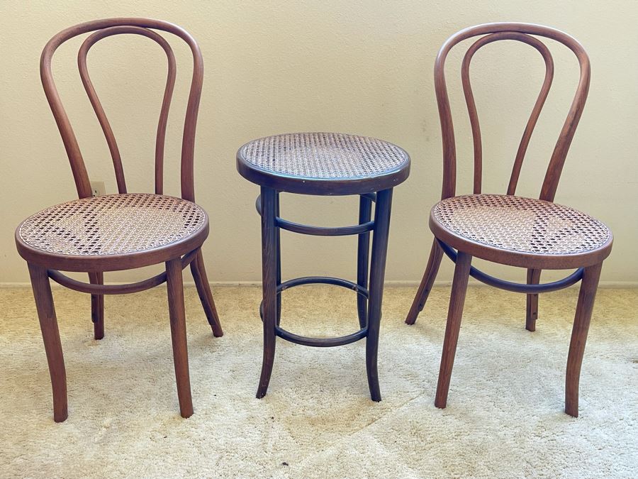 Pair Of Caned Thonet 18 Model Bentwood Chairs And Black Barstool With Cane Seat 24H [Photo 2]
