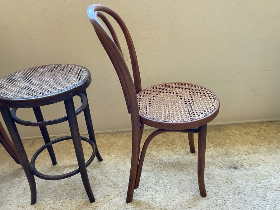 Pair Of Caned Thonet 18 Model Bentwood Chairs And Black Barstool With Cane Seat 24H [Photo 8]