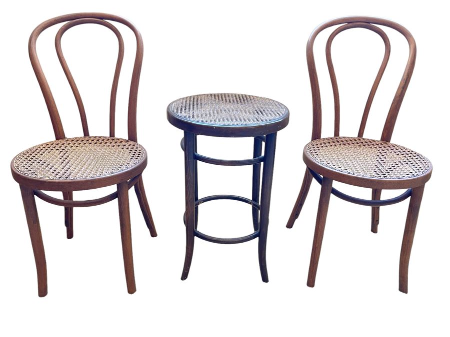 Pair Of Caned Thonet 18 Model Bentwood Chairs And Black Barstool With Cane Seat 24H