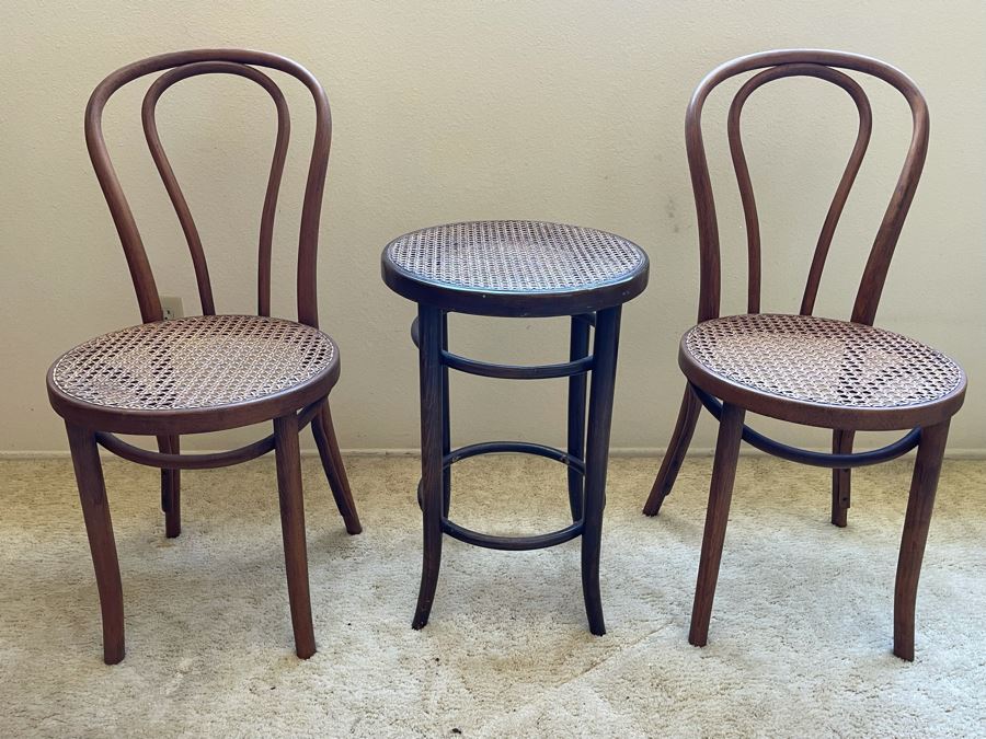 Pair Of Caned Thonet 18 Model Bentwood Chairs And Black Barstool With Cane Seat 24H [Photo 3]