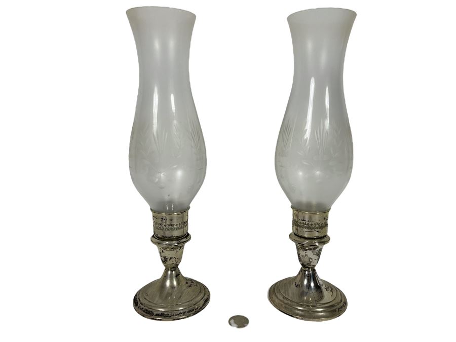 Gorham Weighted Sterling Silver Candlesticks With Etched Glass Hurricanes 13H [Photo 1]