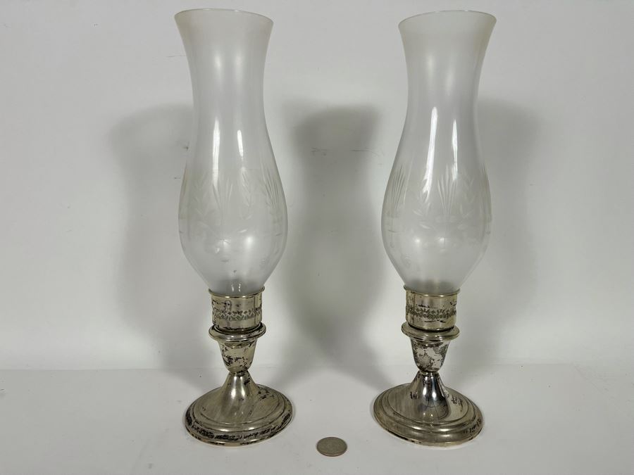 Gorham Weighted Sterling Silver Candlesticks With Etched Glass