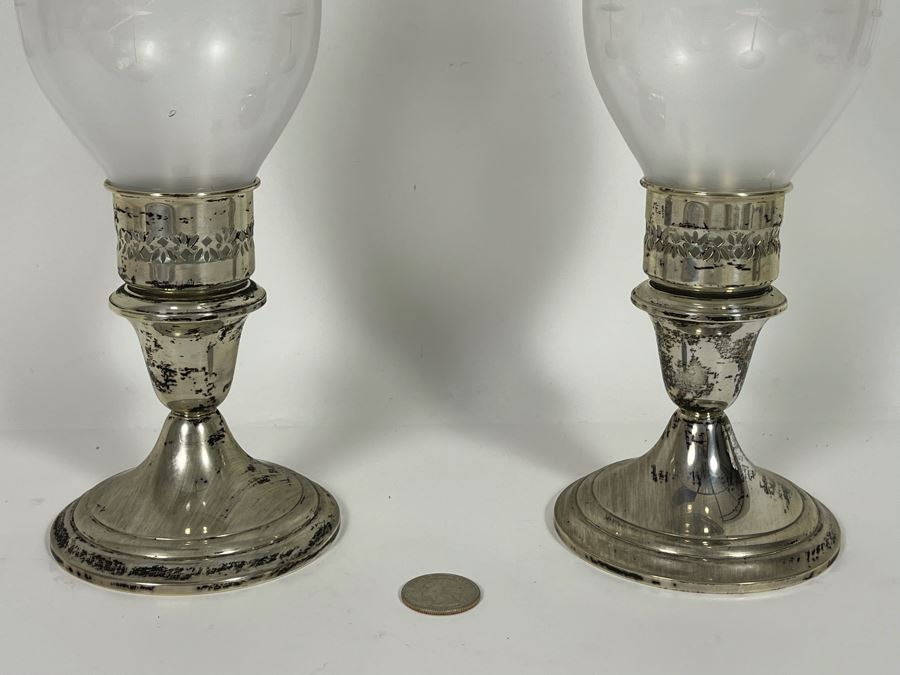 Gorham Weighted Sterling Silver Candlesticks With Etched Glass