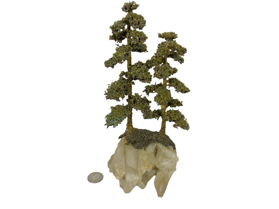 Handmade Metal Tree Sculpture With Quartz Crystal Base Signed Bell  [Photo 1]