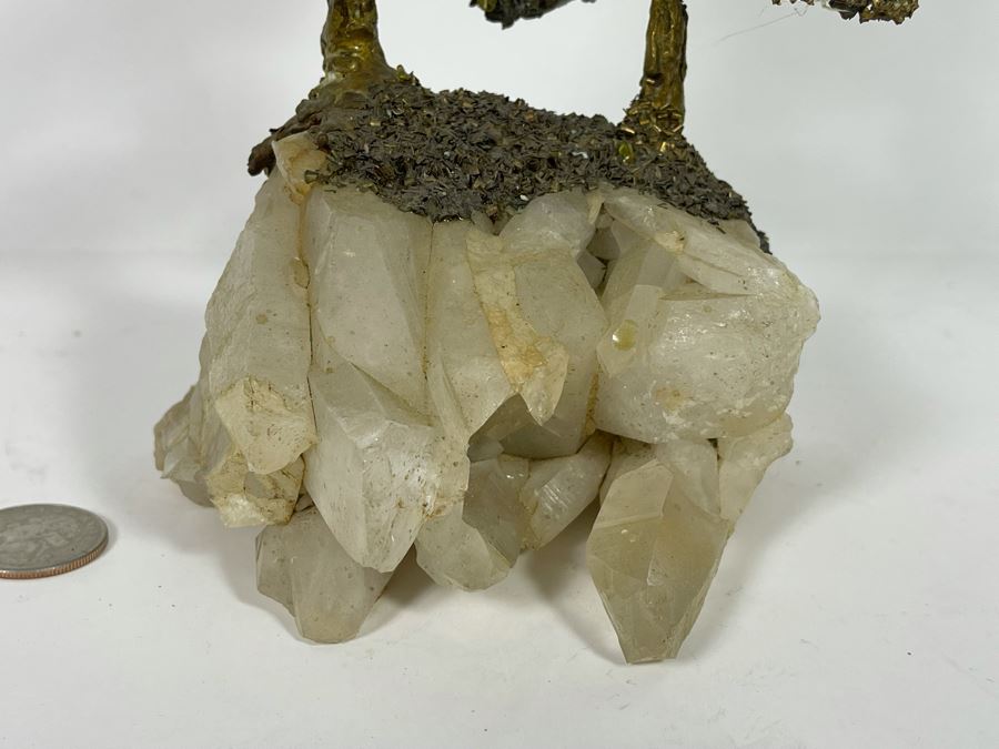 Handmade Metal Tree Sculpture With Quartz Crystal Base Signed Bell  [Photo 5]