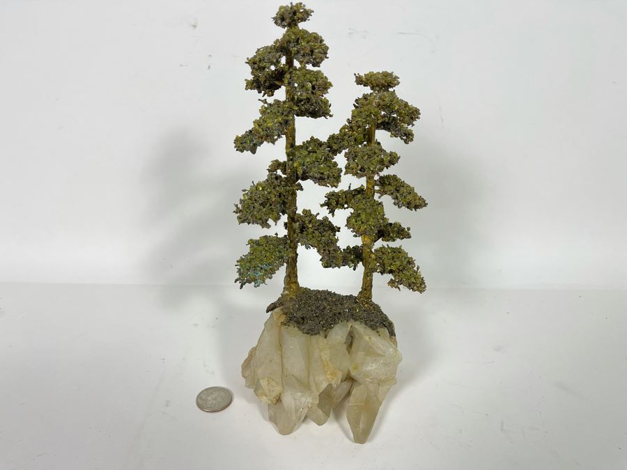 Handmade Metal Tree Sculpture With Quartz Crystal Base Signed Bell  [Photo 4]